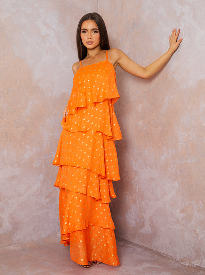 Cami Foil Spot Print Tiered Maxi Dress in Orange