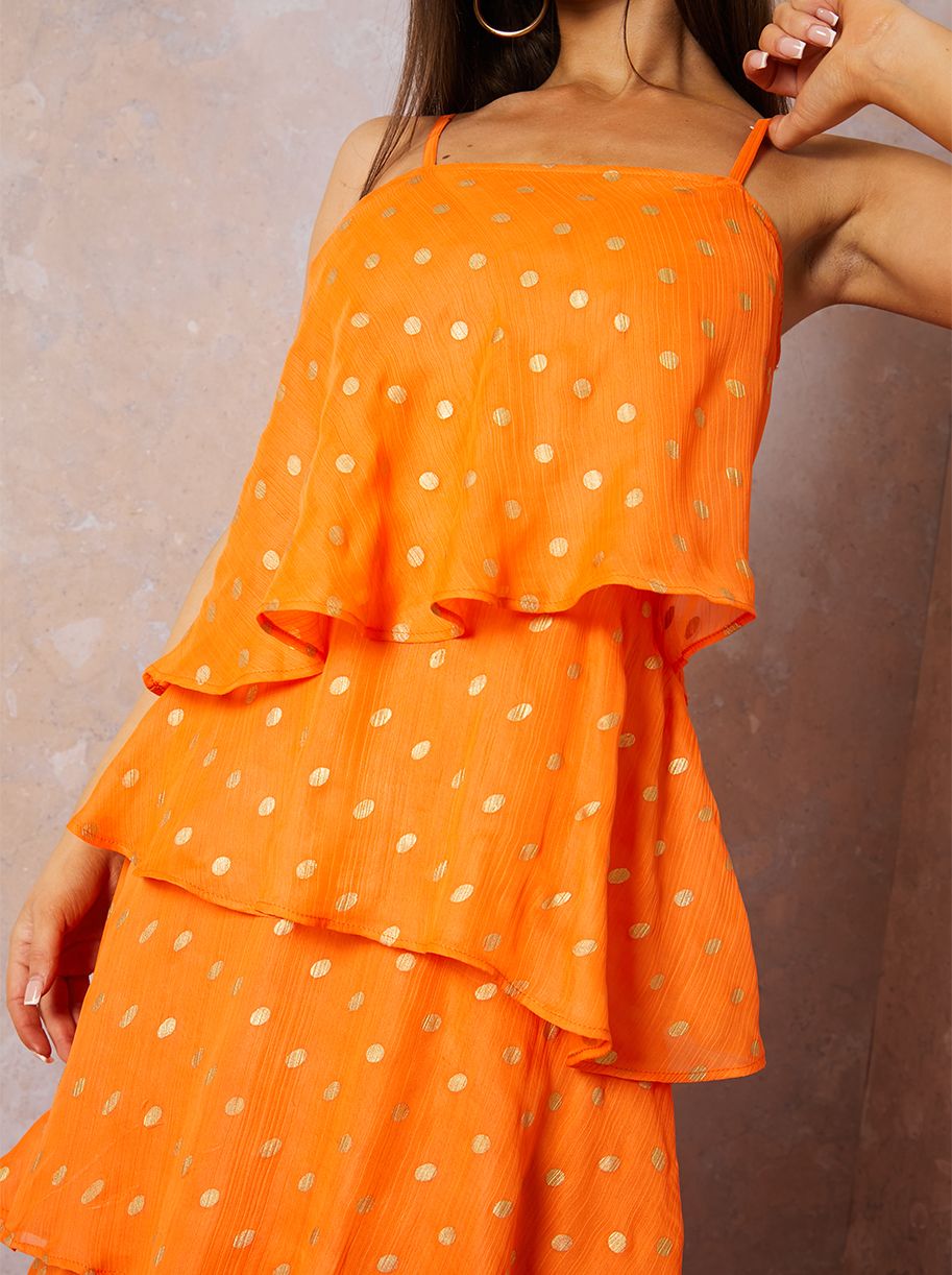 Cami Foil Spot Print Tiered Maxi Dress in Orange