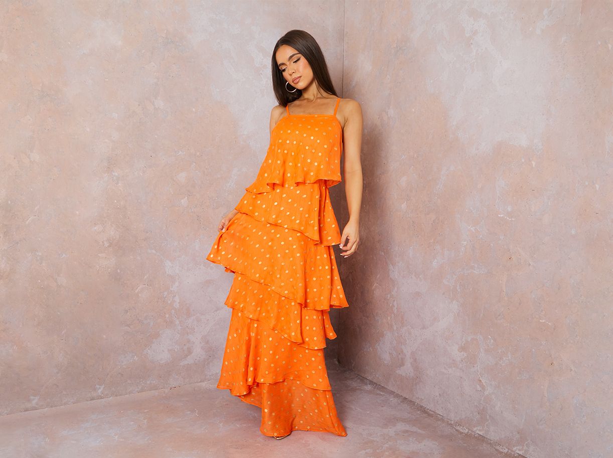 Cami Foil Spot Print Tiered Maxi Dress in Orange