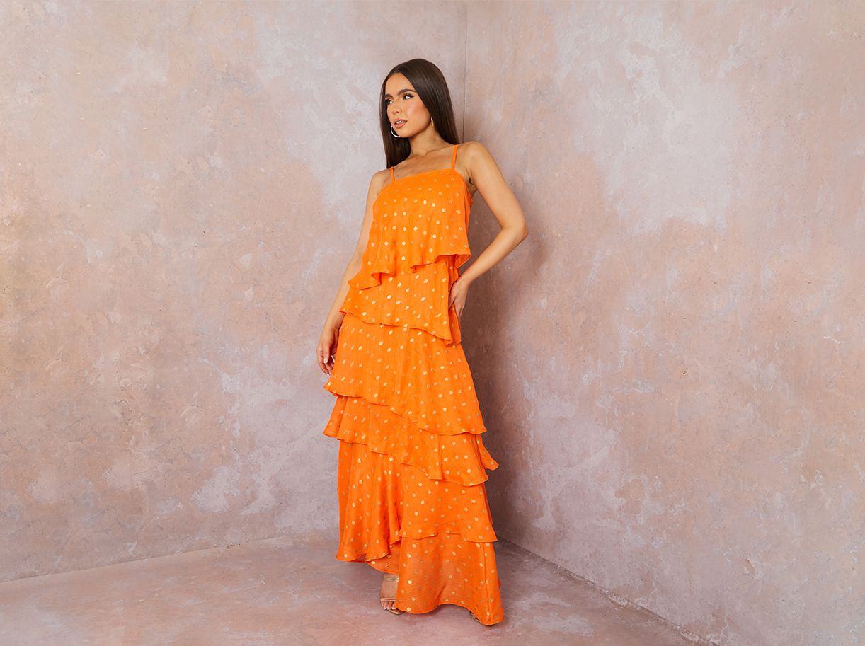 Cami Foil Spot Print Tiered Maxi Dress in Orange