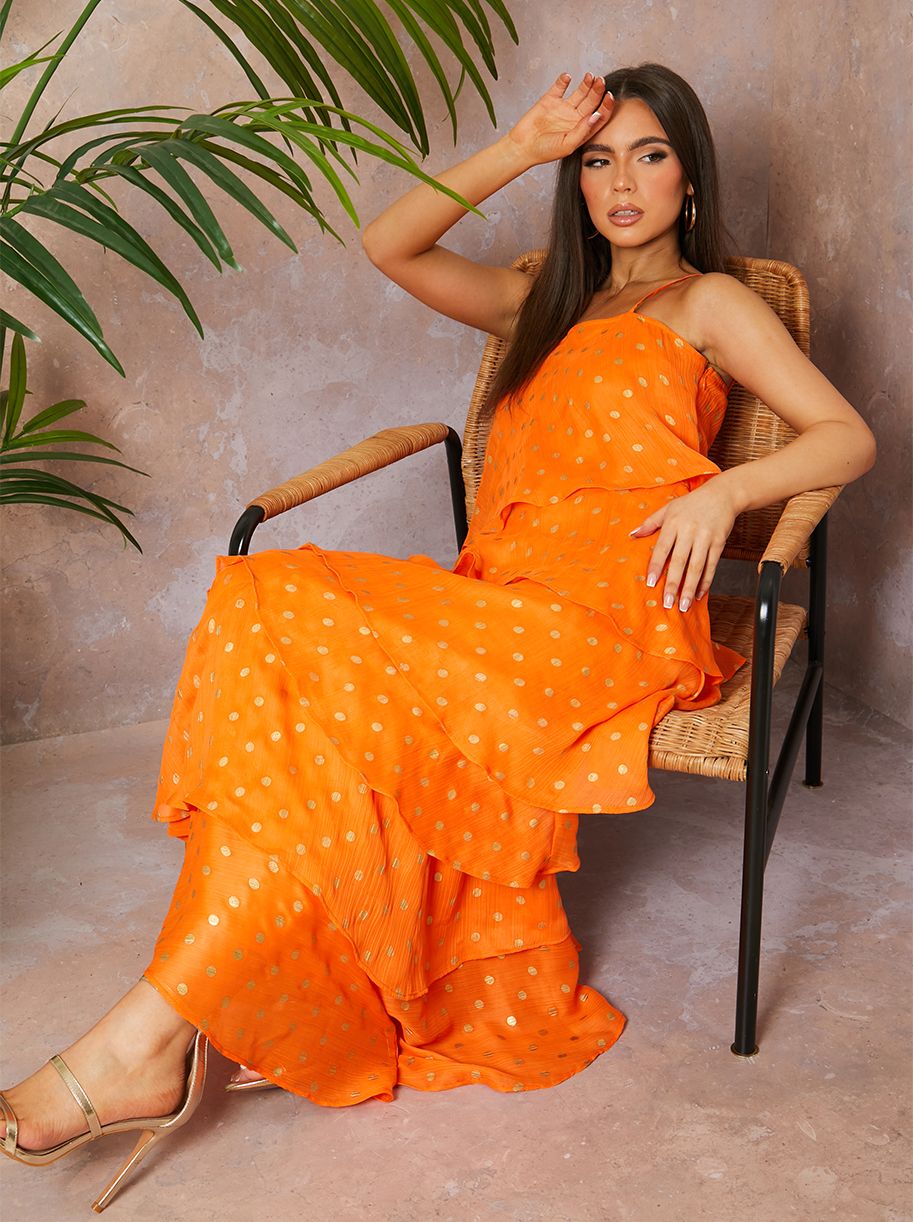 Cami Foil Spot Print Tiered Maxi Dress in Orange