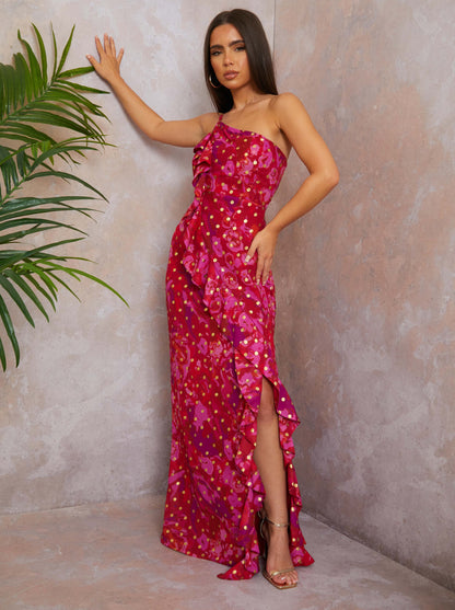 One Shoulder Ruffle Detail Foil Spot Maxi Dress in Berry