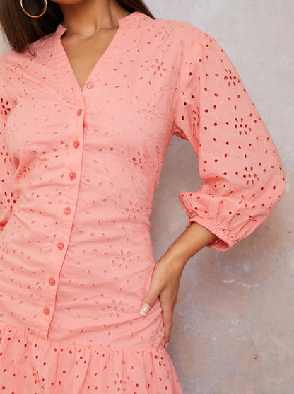 Broderie Anglaise Shirt Dress in Coral